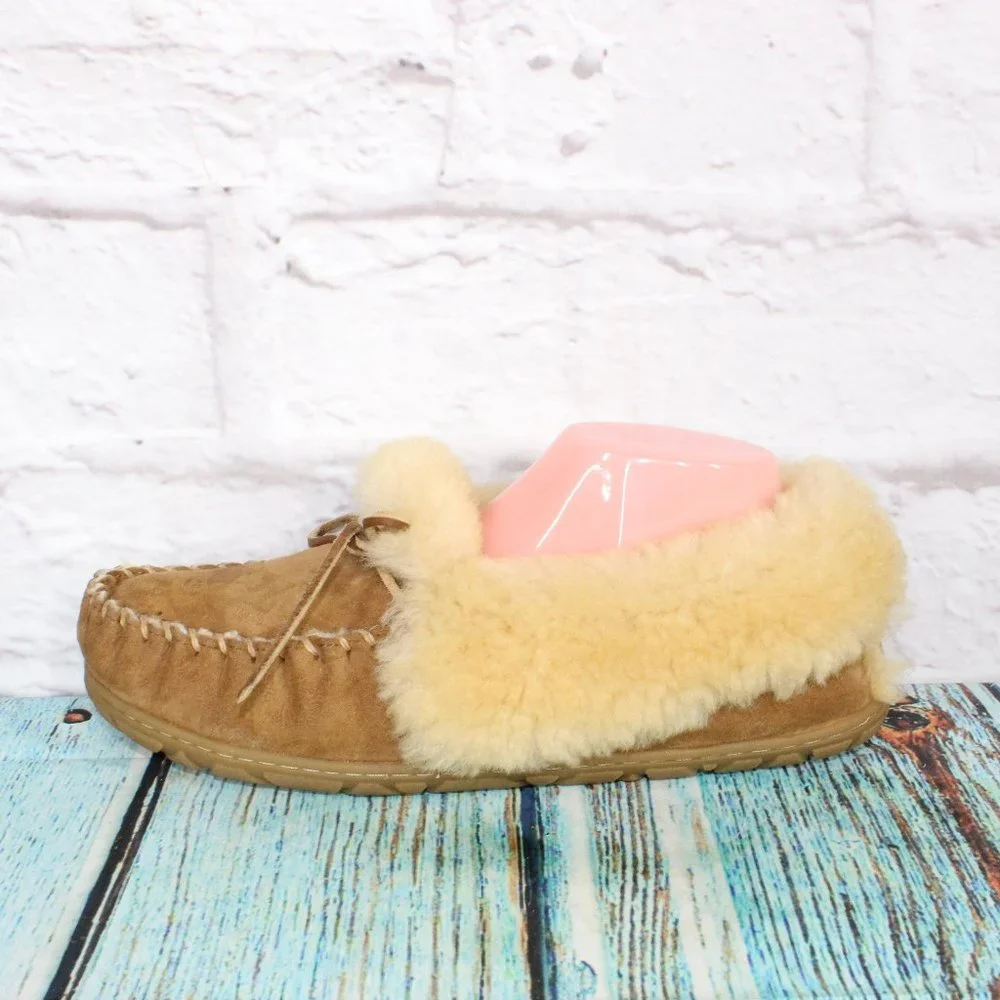 LL BEAN Brown Suede Shearling Lined Wicked Good Moccasin Slippers 10 M - Picture 1 of 9